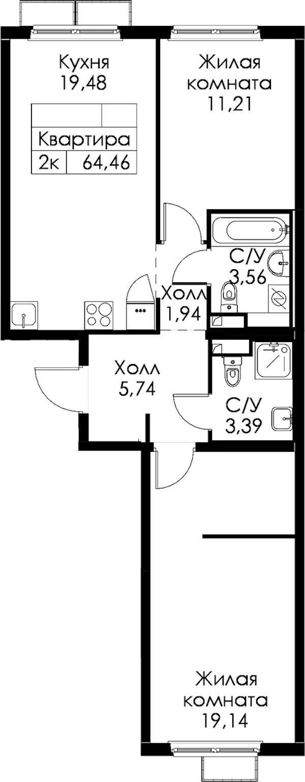 2-комнатная квартира 64.46 м², 12/15 эт., ЖК «Янинский лес»